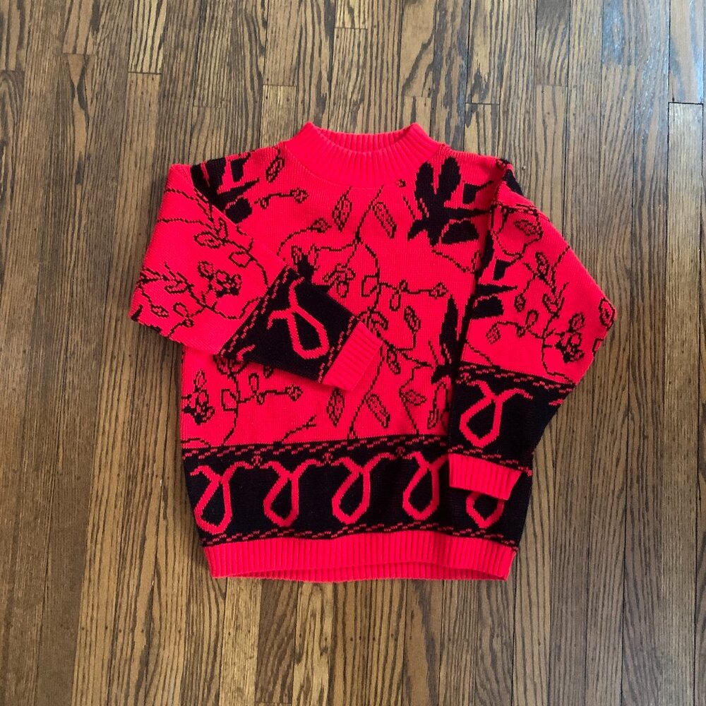 Vintage retro 80s 90s red black mock turtleneck sweater Size Medium - see descr!